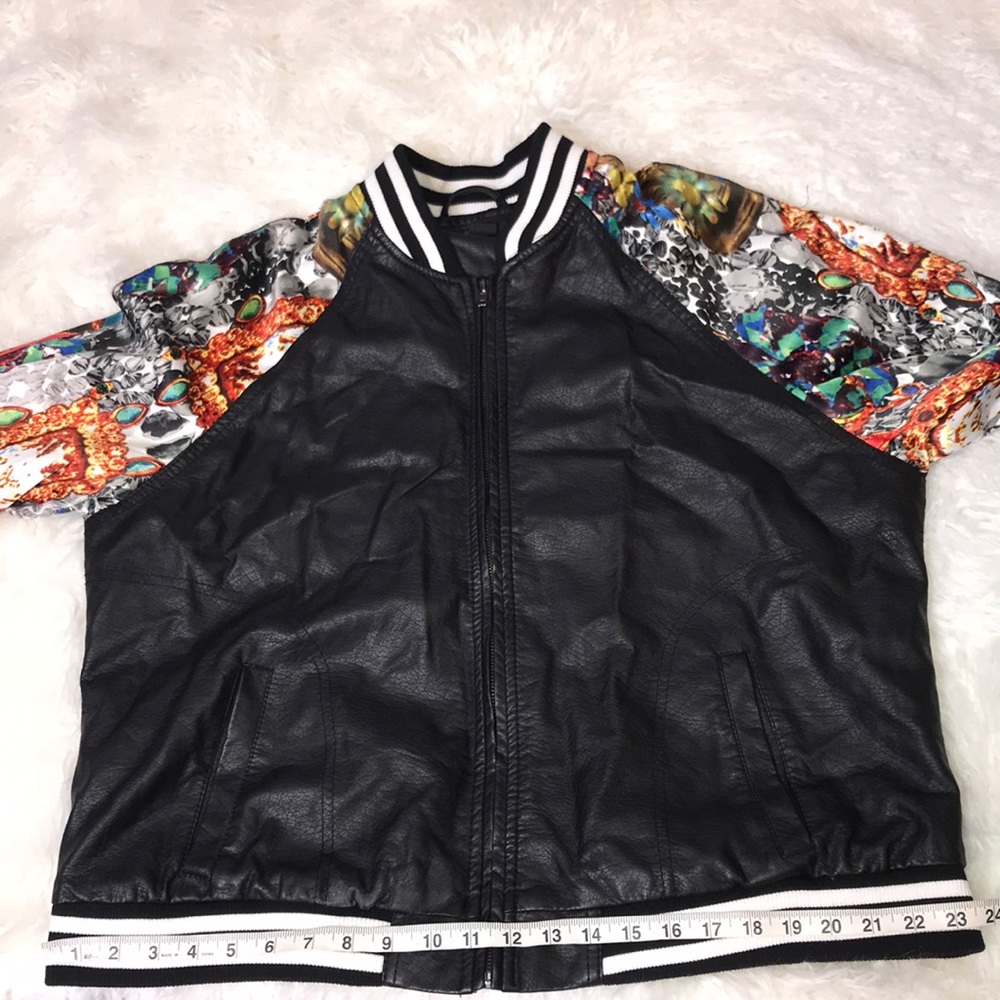 Plus Pleather Bomber Jacket With Abstract Sleeves… - image 7